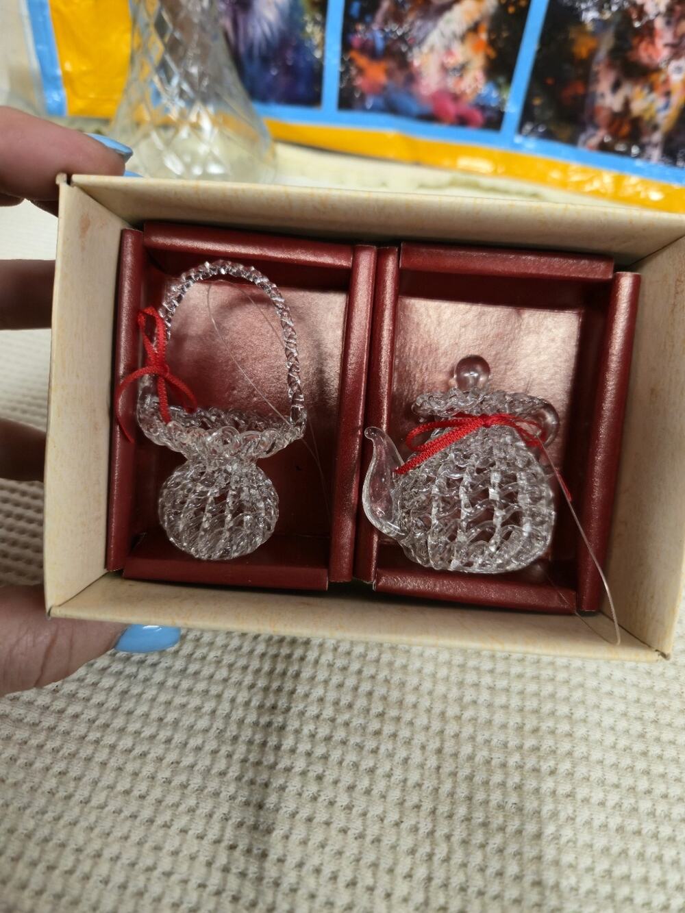 Vintage 1984 Bradford Mini Glass Basket & Teapot Ornaments Lot of 4 w/ Boxes